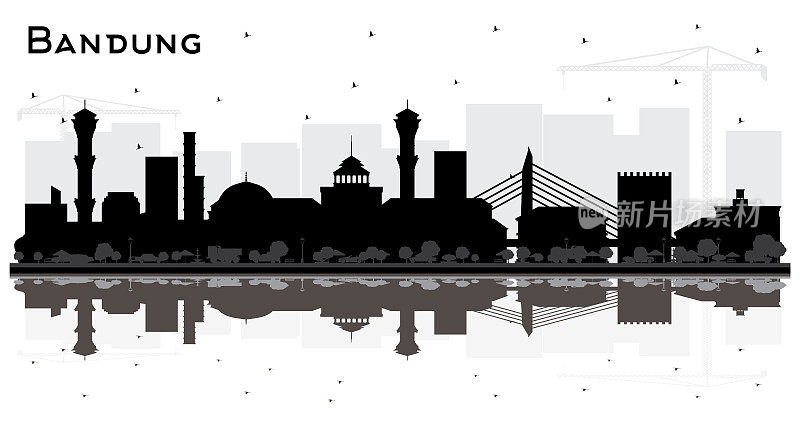 Bandung Indonesia City Skyline Silhouette with Black Buildings and Reflections Isolated on White.